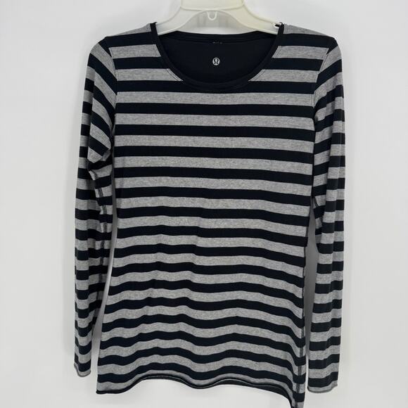 Lululemon Striped Long Sleeve Athletic Top Women's medium Black Grey Scoop Neck - Picture 2 of 6